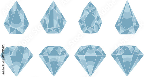 Vector Illustration Set of Clear Blue Gemstones and Diamonds, Featuring Pear Cuts and Round Brilliant Cuts, Showcasing Geometric Facets, Ideal for Luxury, Jewelry, and Wealth Themes