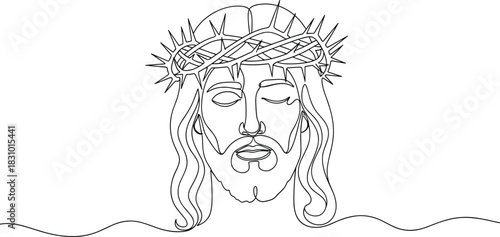 Religious line art illustration of Jesus Christ with crown of thorns, spiritual Christian drawing, faith symbol, biblical artwork for inspirational designs