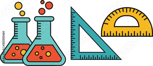 Two teal laboratory flasks with orange liquid and bubbles next to a teal triangle ruler and yellow protractor