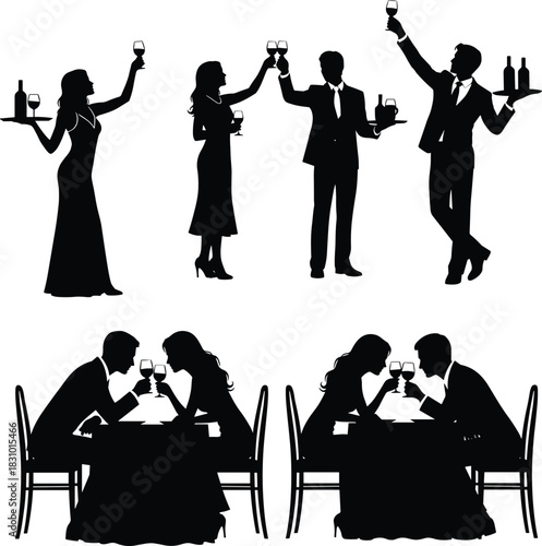 Romantic couple dining silhouettes with wine, elegant waiter serving drinks, celebration figures, love date scene, restaurant illustration for lifestyle design