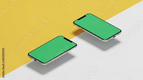 Two floating smartphones with green screen mockup on yellow and white background