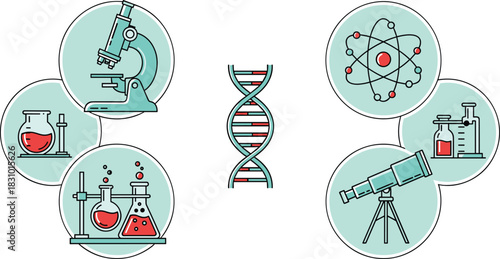 Science education illustration featuring microscope, DNA, atom model, laboratory equipment, chemistry experiment icons, telescope, scientific research symbols in modern flat style
