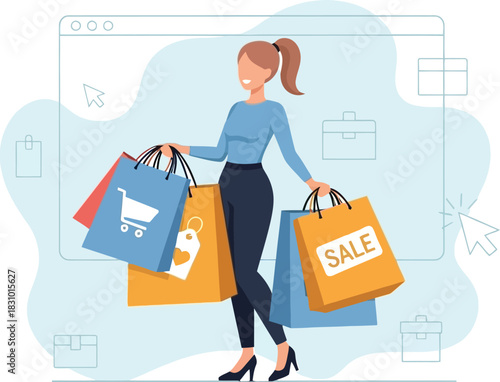 Simple vector illustration of woman standing with shopping bags, online shopping theme