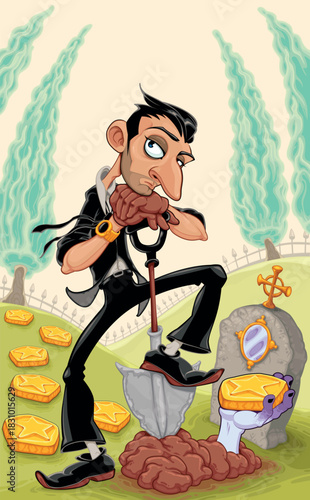 An undertaker digs a hole with a surprise. Vector cartoon horror illustration.
