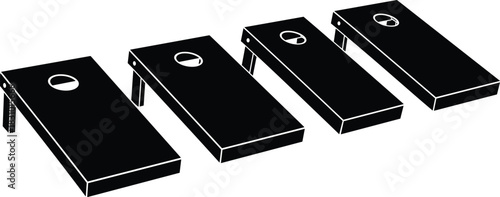 Set of cornhole game boards in simple black silhouette design, outdoor bean bag toss equipment for recreation, lawn games, and activities.