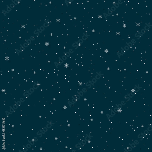 Seamless winter background with falling snow and snowflakes on a dark blue backdrop. Perfect for Christmas cards, wrapping paper, invitations, prints and festive seasonal design projects.