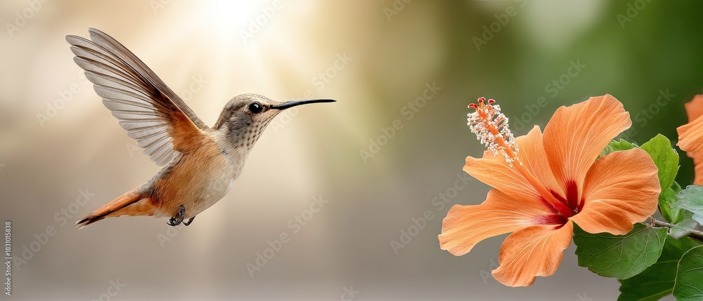 Obraz premium Hummingbird feeding on vibrant hibiscus flower in a sunny garden setting during springtime