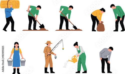 Set of workers performing various farming and labor tasks including digging, carrying loads, watering plants, fishing, and doing outdoor agricultural activities