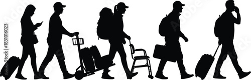 Silhouette group of travelers walking with luggage, airport passengers in motion illustration representing tourism, journey, transportation, business travel and modern mobility