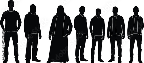 Silhouette group of men standing in various poses wearing casual clothing, hoodie styles and jackets, modern male figure illustration