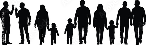 Silhouette of families walking together with parents and children holding hands, group people illustration showing unity, communication and family relationship concept