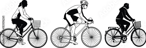 Silhouette illustration of people riding bicycles including female cyclists and a male road cyclist, detailed vector bike riding poses for design.