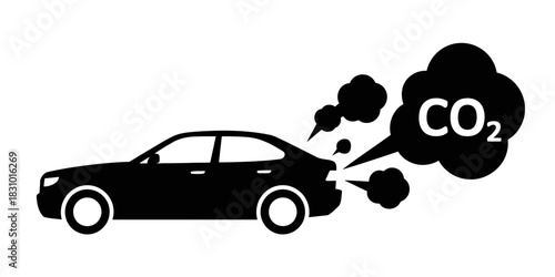 Black silhouette of a car emitting co two gas with a cloud shaped speech bubble