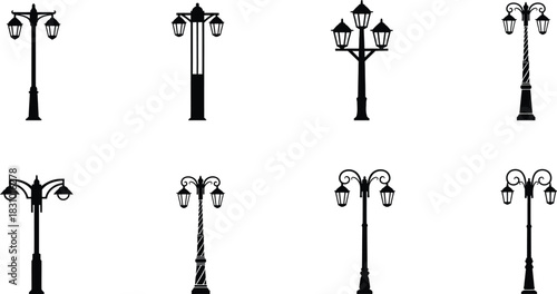 Set of decorative street lamp silhouettes for cityscapes and urban designs