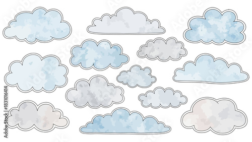 Collection of watercolor-style clouds with dashed outlines in various shades of blue and grey, isolated on a white background.