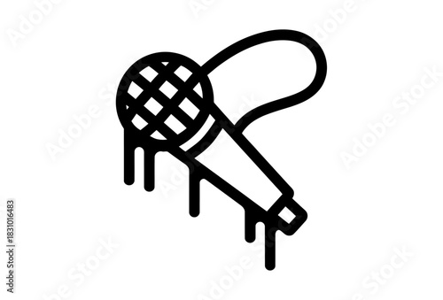 A black and white line drawing of a microphone with dripping liquid underneath it