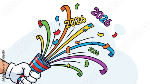 A cartoon image of a hand holding a party popper with the year 2026 coming out.