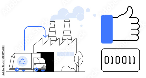 Recycling concept. Recycling illustrated with a factory, truck, and binary code. Recycling processes for sustainability, environmental innovation, and eco-friendly industry. Great for green tech