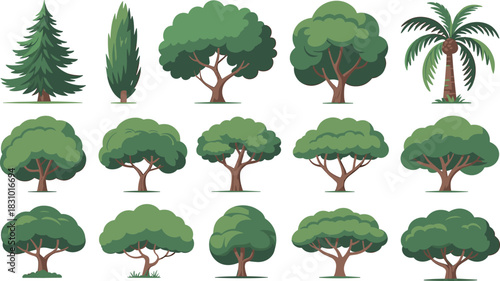 Diverse vector tree collection featuring pine, palm, and oak plants for cartoon nature landscape and video game environment design.