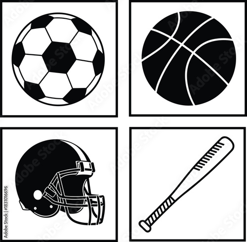 Sports equipment icons including soccer ball basketball football helmet baseball bat in simple black and white design for athletic graphic illustration