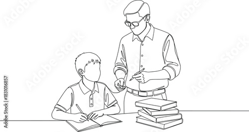 Teacher helping student with homework illustration, education tutoring scene, classroom learning support, teacher guidance, academic study concept line art
