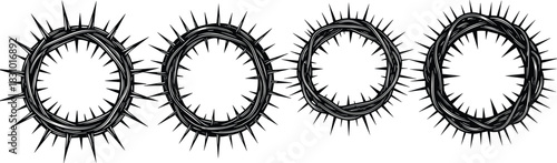 Thorn crown illustration set with sharp spikes, religious symbolic wreath designs, detailed hand-drawn circular thorns for spiritual artwork, decoration, and graphic design