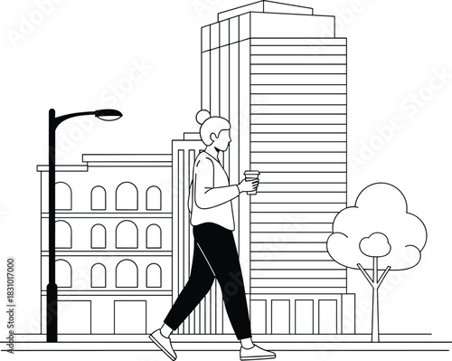 Urban city scene with woman walking holding coffee cup, modern cityscape illustration with buildings, street light and tree in minimal line art