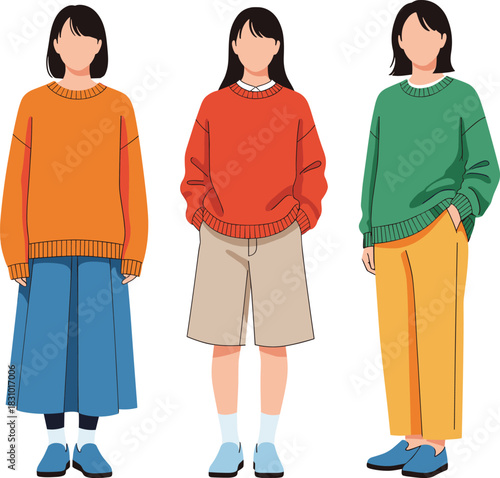 Three girls wearing oversized sweaters with casual skirts, shorts and pants, modern flat illustration of trendy fashion outfits for design and projects