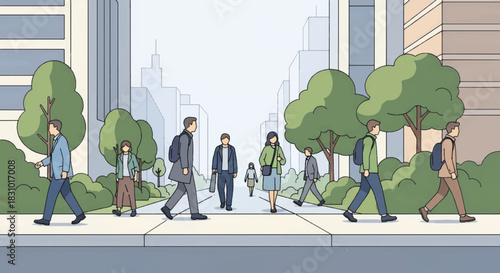 People walking on a city street. Urban commuters on sidewalk with buildings and trees. Flat design vector illustration
