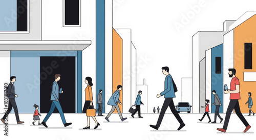 People walking on city street. Urban pedestrians and modern buildings. Flat design vector illustration