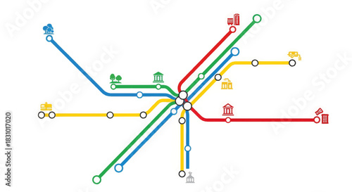 Colorful public transportation map schematic. Vector subway route network with station icons. Urban transit infographic design