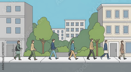 People walking on city street sidewalk. Urban commuters and pedestrians in flat design. Vector illustration of town lifestyle