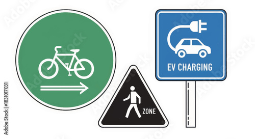 Set of modern transportation road signs. Bicycle lane, EV charging station, and pedestrian zone symbols. Flat design vector illustration isolated on white background