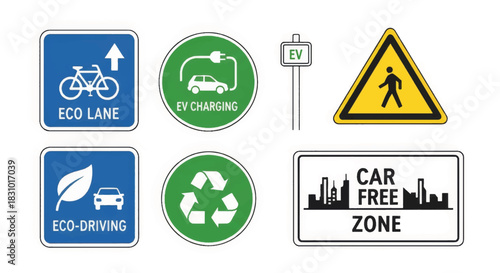 Eco-friendly traffic sign set with EV charging and bicycle lane. Sustainable transportation vector icons. Car free zone and recycling symbols