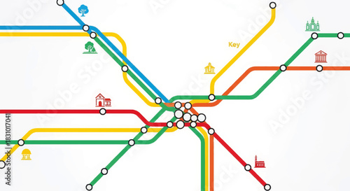 Colorful subway map vector illustration. Public transit network schematic with stations and landmarks. Urban transportation infographic template