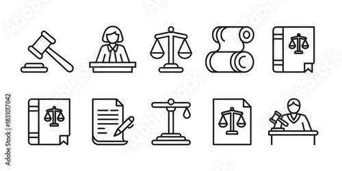 A set of law and justice icons including a gavel judge scales and legal documents