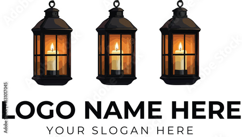Lantern logo vector with three identical candle-lit lanterns in a row for ambiance, decor, or lighting branding