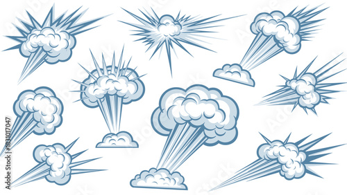 A collection of cartoon-style blue and white explosion and impact effects, featuring smoke clouds and radiating lines, suitable for comic book illustrations.