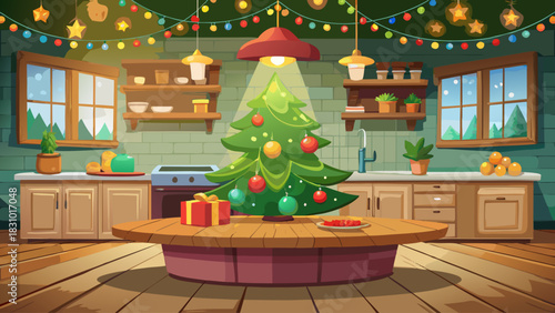 Empty wooden table prepared for festive Christmas product display, with a glowing decorated Christmas tree and softly blurred Scandinavian-style kitchen in the background