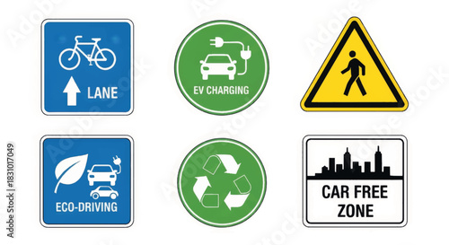 Set of traffic and eco-friendly road signs. Vector icons for bike lane, EV charging, pedestrian crossing, and car free zone. Flat design illustration
