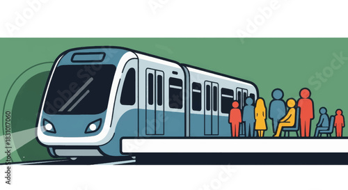 Modern subway train arriving at station with waiting passengers. Public transport and commuting concept. Flat design vector illustration