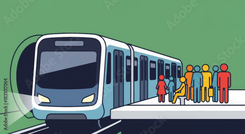 Subway train arriving at platform with waiting passengers. Urban public transport concept. Flat design vector illustration