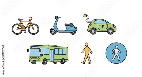 Urban transportation and eco vehicle icon set. Bicycle scooter electric car bus and pedestrian symbols. Flat design vector illustration