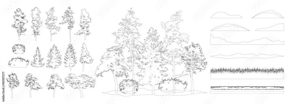 Naklejka premium Constructor kit. Contours of beautiful spruce trees, pine, other trees, grass, hill. Creation of beautiful park, forest, landscape, woodland, collection of element. Vector illustration.