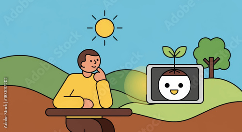 Man thinking with digital tablet showing growing sprout. Education and personal growth concept in nature. Flat design vector illustration with outline