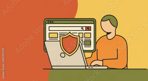 Cyber security and internet safety concept. Person using laptop with protection shield. Flat design vector illustration