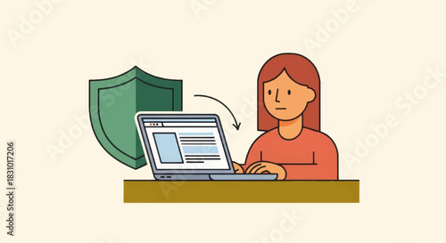 Cybersecurity concept with woman using laptop and shield. Internet safety and data protection. Flat design vector illustration