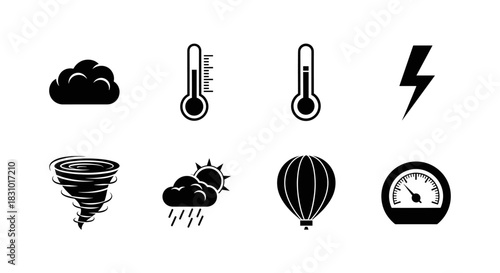 Weather icons collection featuring cloud, temperature, lightning, tornado, rain and sun, hot air balloon and a barometer in black and white