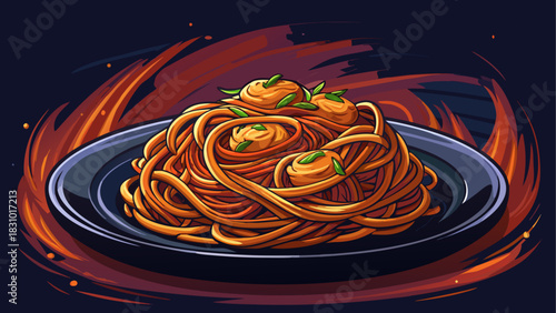 Dark ceramic plate filled with authentic Italian spaghetti on a moody dark background. Rich texture, subtle highlights, and elegant food styling perfect for gourmet culinary advertising or restaurant 
