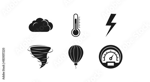 Weather elements collection forecasting storms and climate with a cloud, thermometer, lightning bolt, tornado, balloon, and wind speed measurement